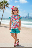 Chic floral top turquoise shorts girls boutique sets XCH0777-21H (A3S6)