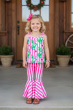 Western cactus & pink strips top pant girls boutique set XCH0777-25H (A5S2)