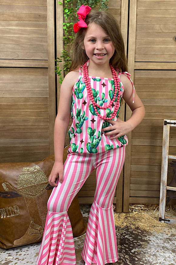 XCH0777-25H Pink stripped & cactus printed girl 2pcs set