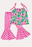 Western cactus & pink strips top pant girls boutique set XCH0777-25H (A5S2)