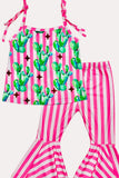 Western cactus & pink strips top pant girls boutique set XCH0777-25H (A5S2)