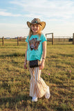 Western cow turquoise & tan stripped bell bottom girl's boutique set XCH0777-30H (A7S5) CLE