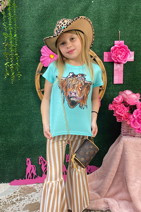 XCH0777-30H Cow turquoise & tan stripped bell bottom printed 2pcs girl set