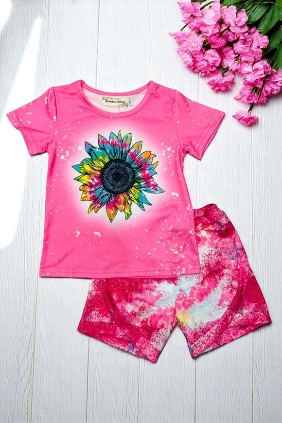 Wholesale girls clothing Multi color sunflower pink top tie dye shorts sets XCH0777-6H (A3S9)
