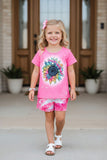 Western sunflower pink top tie dye shorts 2pc girls boutique sets XCH0777-6H (A3S9)
