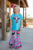 Western ranch turquoise short sleeve top & cow print pant girl's boutique set XCH0777-8H (A6S5)