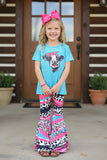 Western ranch turquoise short sleeve top & cow print pant girl's boutique set XCH0777-8H (A6S5)