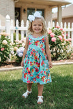 Turquoise floral girl dress w/pockets XCH0888-14H (A1S6)
