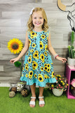 Western turquoise leopard & sunflower girl's boutique dress XCH0888-15H (A1S1)