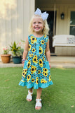 Western turquoise leopard & sunflower girl's boutique dress XCH0888-15H (A1S1)