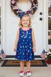 4th of July blue star patriotic girl dress w/back bow XCH0888-16H A9S6