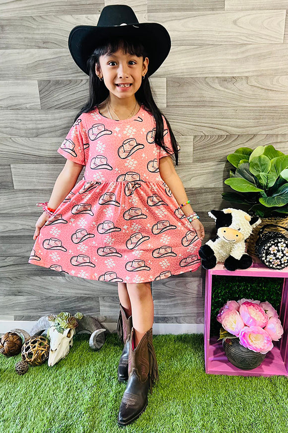 XCH0888-1H Pink cow girl hat & leopard printed girl dress