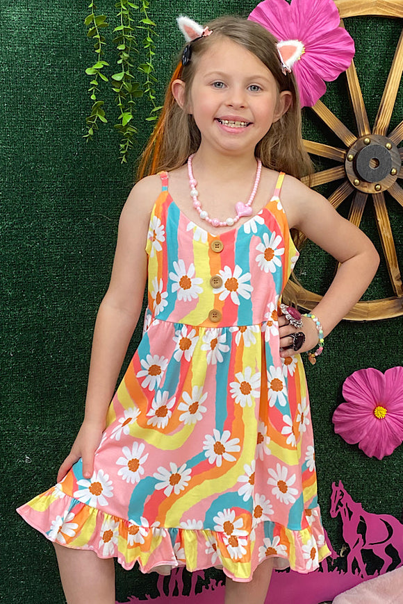 Multi color striped daisy printed girl dress XCH0888-22H (A1S1)