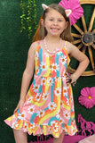Multi color striped daisy printed girl dress XCH0888-22H (A1S6)