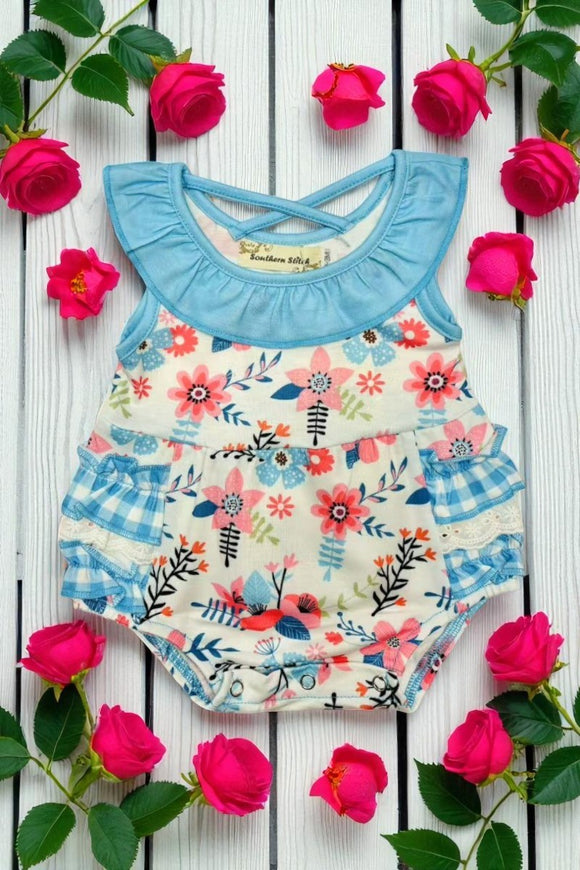 Floral printed & blue plaid with lace sleeveless baby romper XCH0999-13H A13S3