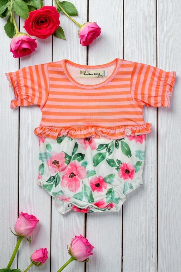 Orange stripes & floral printed ruffles short sleeve infant romper XCH0999-14H A13S3