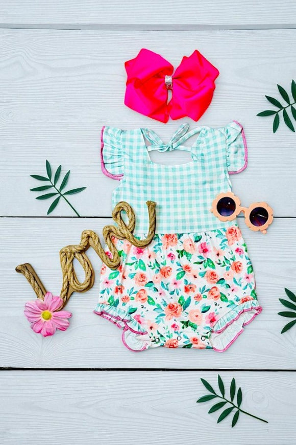 Shop Floral & aqua checker printed ruffle baby romper XCH0999-18H A13S3