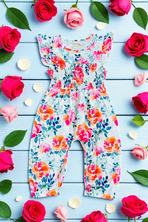 One piece Pink & orange floral smocked baby jumpsuit/romper XCH0999-19H A14S5