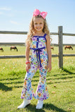 Chic floral & blue one piece girls boutique jumpsuit with waist tie XCH0999-24H (A1S4)