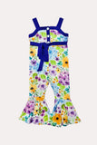 Chic floral & blue one piece girls boutique jumpsuit with waist tie XCH0999-24H (A1S4)