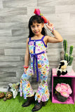 XCH0999-24H Floral printed sleeveless girls jumpsuit with tie