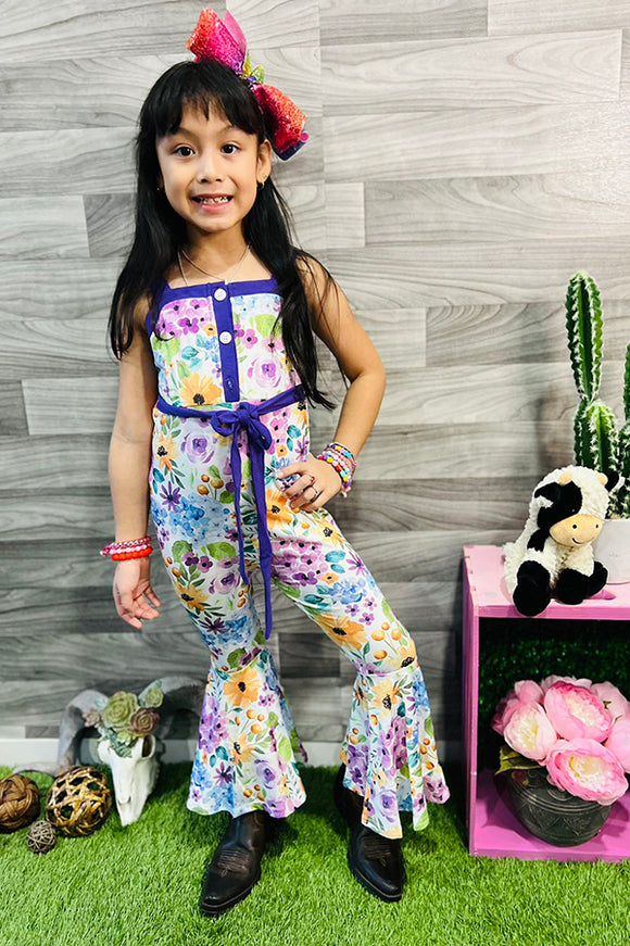 XCH0999-24H Floral printed sleeveless girls jumpsuit with tie