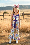 Chic floral & blue one piece girls boutique jumpsuit with waist tie XCH0999-24H (A1S4)