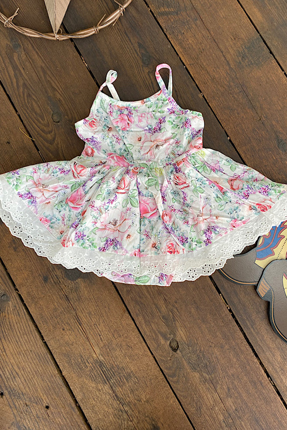 XCH0999-4 Floral baby dress w/lace detail
