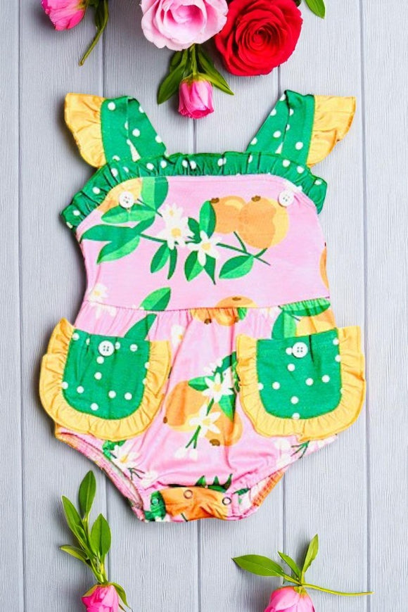 Shop Pink & green w/peaches ruffle sleeveless baby romper XCH0999-5H A13S3