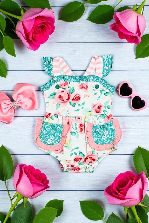 Pink & teal floral ruffle sleeveless baby romper w/pockets XCH0999-6H A13S2