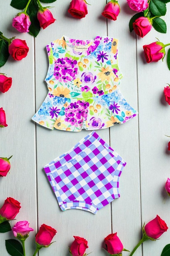 Shop Purple floral & checkers 2pc sleeveless baby set XCH0999-7H A13S4