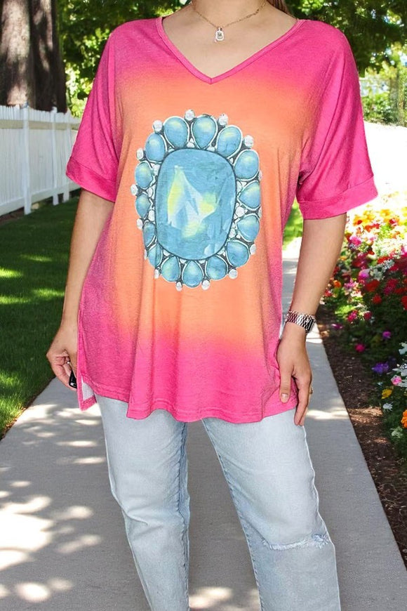 Wholesale women t-shirt Western turquoise jewel print, side slits XCH10565
