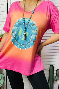 XCH10565 Pink & Orange women t-shirt w/turquoise jewel print, side slits