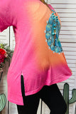 XCH10565 Pink & Orange women t-shirt w/turquoise jewel print, side slits