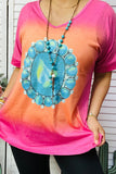 XCH10565 Pink & Orange women t-shirt w/turquoise jewel print, side slits