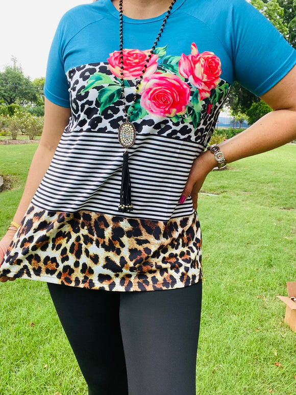 Leopard, floral & striped multi color blue printed short sleeve top XCH10859  (DS5)