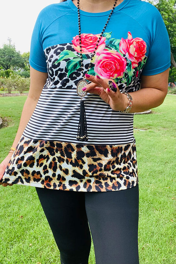 Leopard, floral & striped multi color blue printed short sleeve top XCH10859  (DS5)