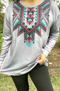 XCH11246 Aztec multi color printed gray fabric background long sleeve women tops (GS13)