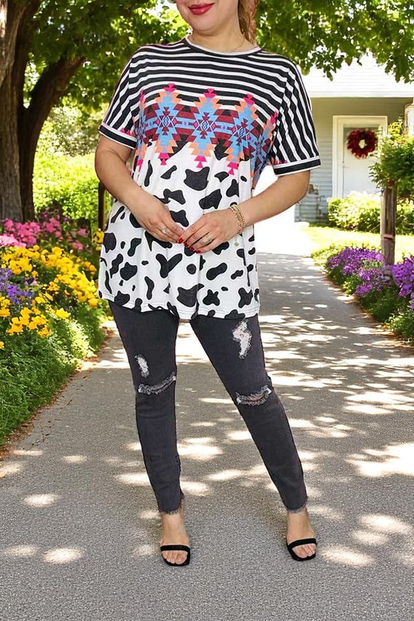 Western womens top suppliers Stripes & Aztec and Cow prints w/short sleeve XCH11359 (FS8)
