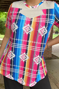 XCH11466 Serape/Aztec printed short sleeve top