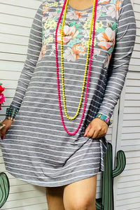 XCH11733 Gray striped & floral printed long sleeve dress
