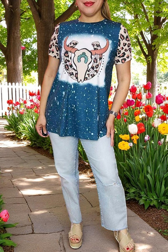 Women's clothing wholesale Bull skull blue leopard printed w/short sleeves XCH11973 (GS6)