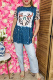 Women's clothing wholesale Bull skull blue leopard printed w/short sleeves XCH11973 (GS6)