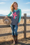 Western leopard & cactus print long sleeve women's boutique top w/v-neck XCH12111 (BS13)