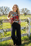 XCH12292 Leopard plaid & sunflower printed short sleeve top (GS6)