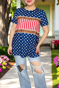 T-shirt wholesale USA Blue stars & paisley & stripes & short sleeve women top XCH12294
