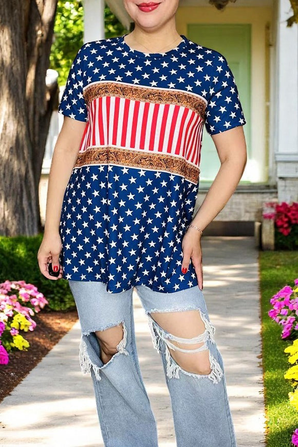 T-shirt wholesale USA Blue stars & paisley & stripes & short sleeve women top XCH12294