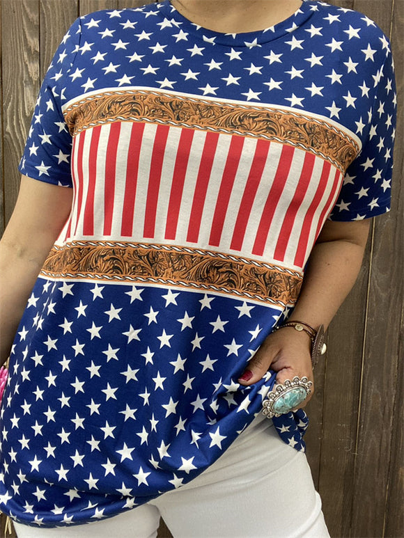 XCH12294 Stars USA red striped paisley blue multi color printed short sleeve women top