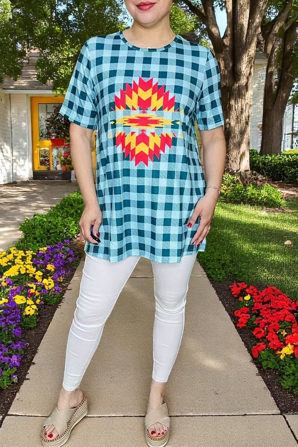 T-shirt suppliers Blue checkered & aztec printed short sleeve women tops XCH12304 (FS12)
