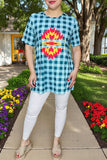 T-shirt suppliers Blue checkered & aztec printed short sleeve women tops XCH12304 (FS12)